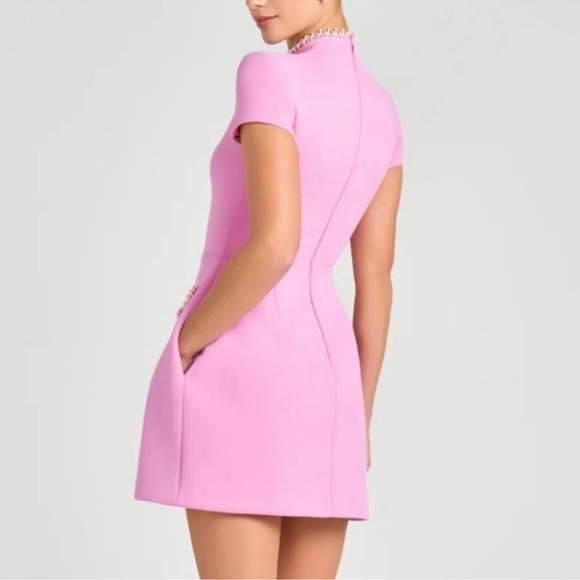 Nadine Merabi Simone Mini Dress with Embellished Trim Funnel Neck Pink Size 6 - Picture 3 of 13